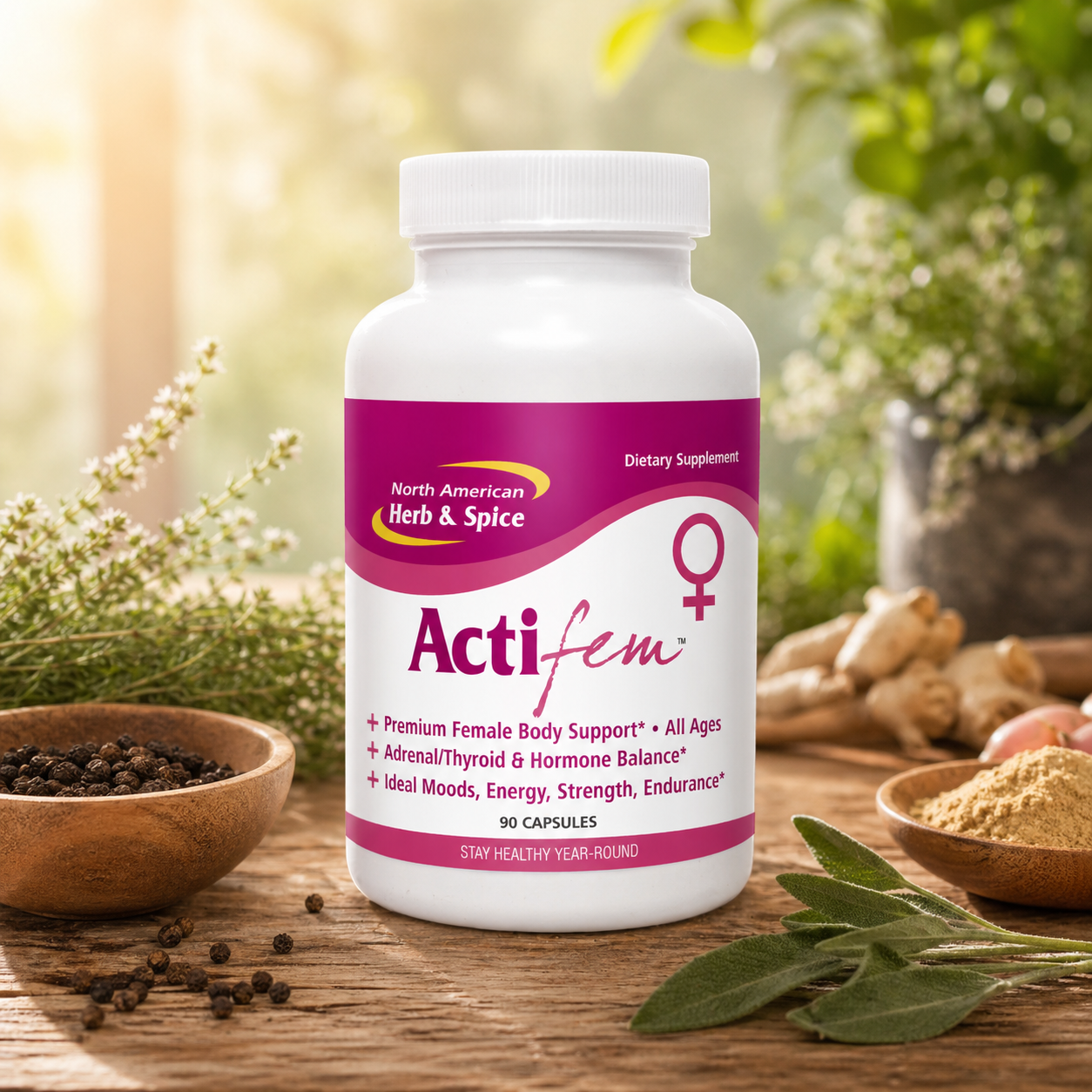 Actifem supplement bottle with herbs on a rustic wooden table.
